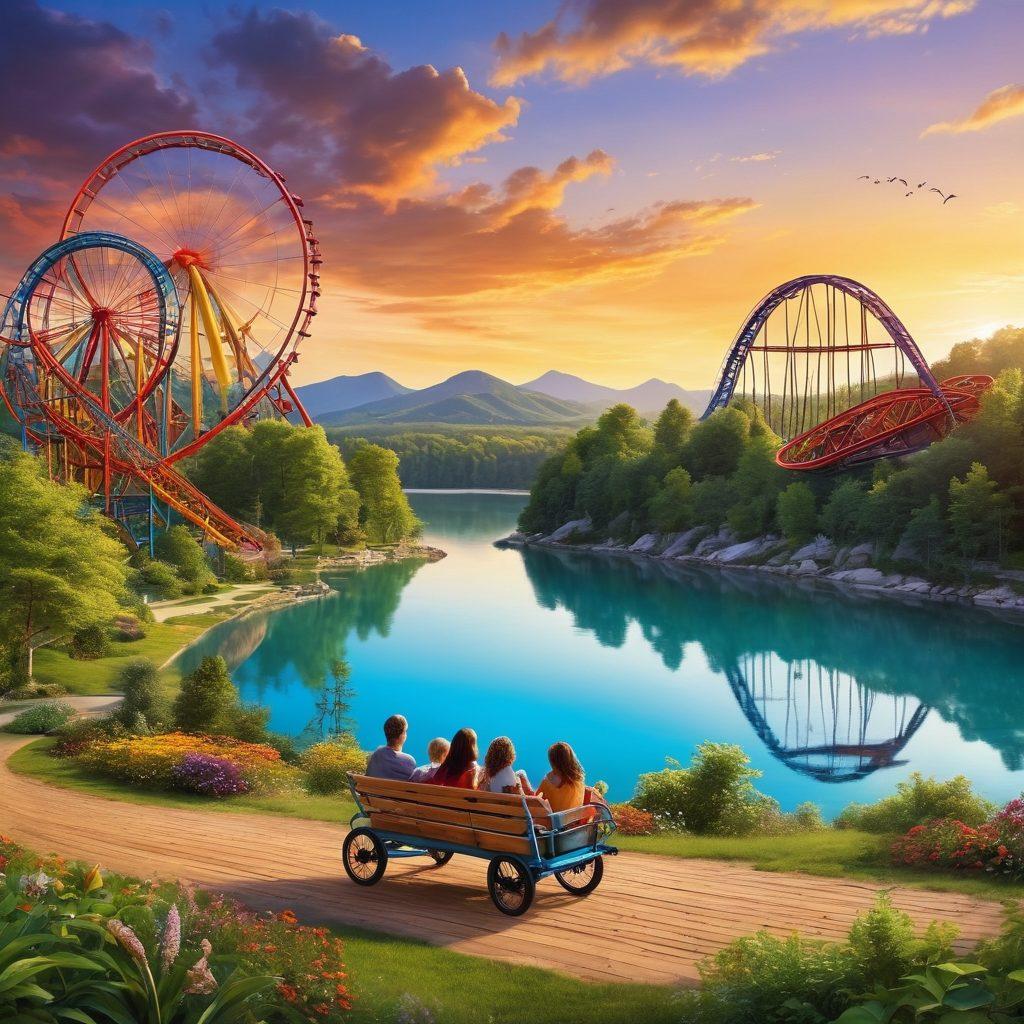 A scenic landscape showcasing a diverse array of family-friendly adventures, featuring a roller coaster in the background symbolizing thrills, and a serene lakeside picnic scene in the foreground representing tranquility. Include families engaging in various activities like hiking, biking, and playing games, with vibrant colors depicting a joyful atmosphere. The sky should be bright and sunny, evoking a sense of happiness and excitement. super-realistic. vibrant colors.