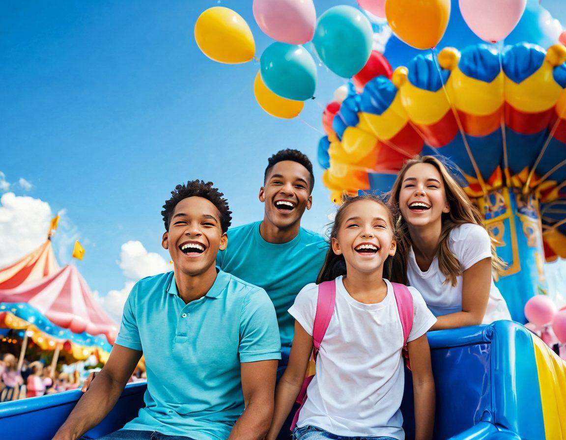 A vibrant scene featuring a happy family exploring a colorful amusement park, filled with thrilling rides and joyful attractions. Children are laughing while enjoying cotton candy, colorful balloons are floating in the air, and a bright blue sky adds to the cheerful atmosphere. The family is captured mid-laughter, highlighting their excitement and togetherness. Energetic vibe with vivid colors to evoke a sense of joy and adventure. super-realistic. vibrant colors. scenic background.