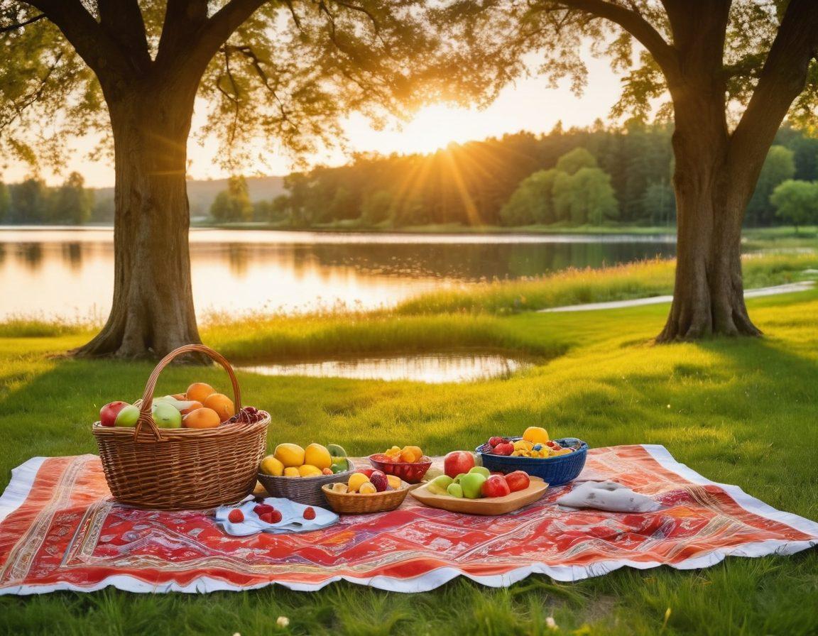 A picturesque picnic scene featuring a vibrant blanket spread over lush green grass, surrounded by blooming wildflowers and towering trees. In the background, a serene lake reflects the blue sky, while happy families engage in various outdoor activities like frisbee and kite flying. A picnic basket filled with delicious fruits and snacks sits invitingly on the blanket, creating an atmosphere of joy and togetherness. golden hour lighting. ultra-realistic. bright, warm colors.